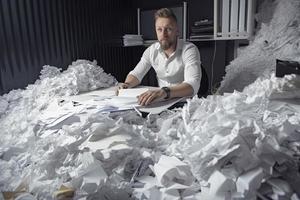 homme au milieu de aambeien de papiers sur zoon bureau foto