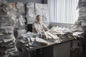 homme au milieu de aambeien de papiers sur zoon bureau foto