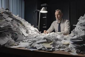 homme au milieu de aambeien de papiers sur zoon bureau foto