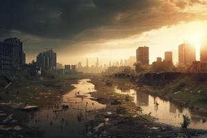 post-apocalyptisch landschap. stad na de Effecten van globaal opwarming. klimaat veranderingen concept foto