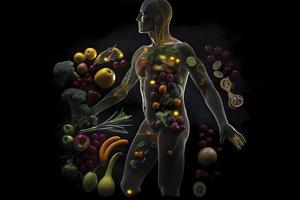 schets van een menselijk met bouten van energie rennen door de lichaam, de lichaam is omringd door fruit foto