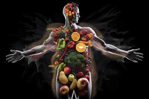 schets van een menselijk met bouten van energie rennen door de lichaam, de lichaam is omringd door fruit foto