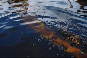 olie lekken van schip , olie morsen verontreiniging vervuild water oppervlak. water verontreiniging net zo een resultaat van menselijk activiteiten foto