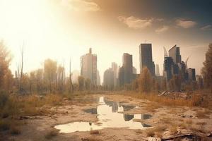 post-apocalyptisch landschap. stad na de Effecten van globaal opwarming. klimaat veranderingen concept foto