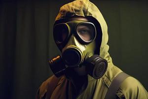 Mens met een gas- masker, nucleair oorlog en milieu ramp, radioactiviteit catastrofe, leger uitrusting foto