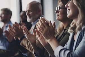 bijgesneden schot van een onherkenbaar verschillend groep van mensen uit het bedrijfsleven applaudisseren terwijl zittend foto