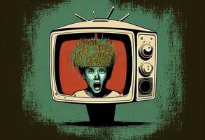 een persoon met zijn hoofd binnen een televisie in wijnoogst knal stijl foto