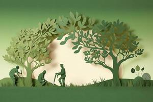 prieel dag spandoek. papier besnoeiing illustratie van twee volwassen silhouetten aanplant een klein boom in natuur voor groener de wereld milieu foto