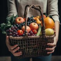 vrouw bladeren de markt met een mand of een groot pakket vol van fruit en groenten. generatief ai foto