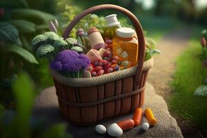 een mand met eieren, geneesmiddelen, en bloemen voor wereld Gezondheid dag. generatief ai. foto