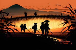 silhouet boer werken in de zonsondergang in de veld. generatief ai. foto