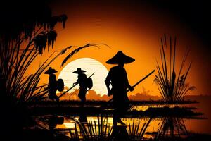 silhouet boer werken in de zonsondergang in de veld. generatief ai. foto