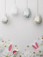 Pasen kleurrijk versierd eieren hangende Aan wit achtergrond. luxe Pasen concept. gelukkig Pasen kaart met kopiëren ruimte voor tekst. 3d weergave. foto