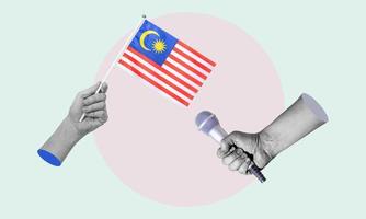 kunst collage, collage van een hand- Holding een Maleisisch vlag, microfoon in de andere hand. foto