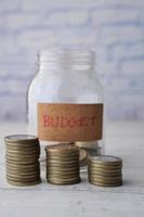 begroting tekst Aan een besparing munten pot Aan wit foto