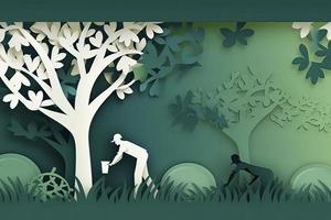 prieel dag spandoek. papier besnoeiing illustratie van twee volwassen silhouetten aanplant een klein boom in natuur voor groener de wereld milieu foto