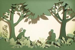 prieel dag spandoek. papier besnoeiing illustratie van twee volwassen silhouetten aanplant een klein boom in natuur voor groener de wereld milieu foto