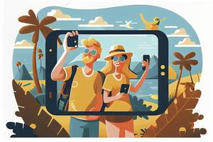 een toerist paar nemen selfie foto's samen Aan telefoon. Mens en vrouw gaan bezienswaardigheden bekijken Aan zomer vakantie foto