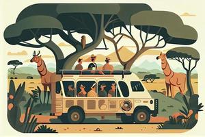 mensen in safari tour, savanne wild landschap vector illustratie. tekenfilm groep van toerist tekens foto