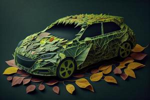 groen elektrisch auto gemaakt van bladeren, duurzame en hernieuwbaar middelen, eco macht foto