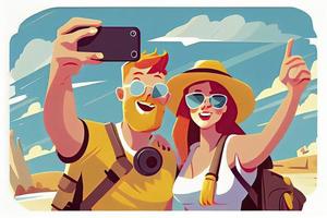 een toerist paar nemen selfie foto's samen Aan telefoon. Mens en vrouw gaan bezienswaardigheden bekijken Aan zomer vakantie foto