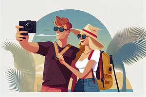 een toerist paar nemen selfie foto's samen Aan telefoon. Mens en vrouw gaan bezienswaardigheden bekijken Aan zomer vakantie foto