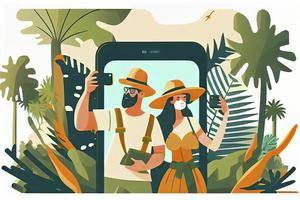 een toerist paar nemen selfie foto's samen Aan telefoon. Mens en vrouw gaan bezienswaardigheden bekijken Aan zomer vakantie foto