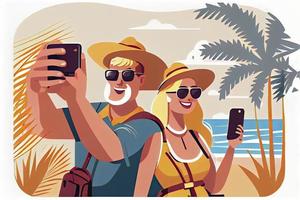 een toerist paar nemen selfie foto's samen Aan telefoon. Mens en vrouw gaan bezienswaardigheden bekijken Aan zomer vakantie foto