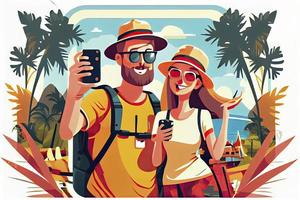 een toerist paar nemen selfie foto's samen Aan telefoon. Mens en vrouw gaan bezienswaardigheden bekijken Aan zomer vakantie foto