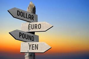 dollar, euro, pond, yen - houten wegwijzer foto