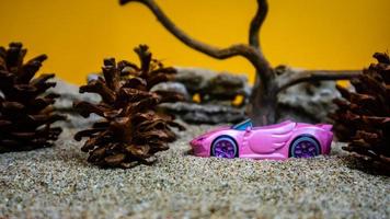 minahasa, Indonesië december 2022, de speelgoed- auto tussen de pijnboom kegels foto