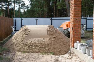 machine met menger isinstallatie voor voeden cement mengsel voor gieten half droog verdieping dekvloer in huis. bouw plaats met glijbaan van zand, voorbereiding voor nivelleren de ruw verdieping van huisje foto