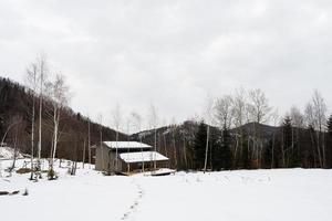 alleen houten land huis in besneeuwd bergen. ziel weekenden. leven zonder buren. foto