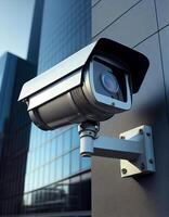 veiligheid toezicht camera Aan modern gebouw, gemaakt met generatief ai foto