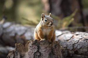 schattig klein eekhoorn zittend Aan de boom kofferbak, gemaakt met generatief ai foto