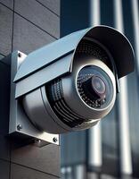 veiligheid toezicht camera Aan modern gebouw, gemaakt met generatief ai foto