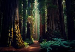 dicht Woud in Californië, veel sequoia's - ai gegenereerd beeld foto