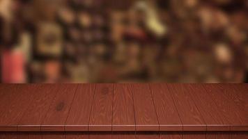 realistisch hout tafel top voorkant visie 3d geven met een wazig achtergrond foto