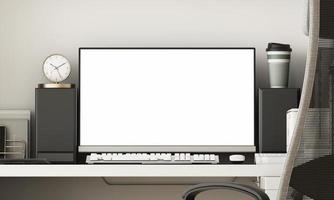 werkplek. bureaublad geïsoleerd blanco scherm met fabriek en kantoor uitrusting met toetsenbord, muis en laptop. 3d renderen foto