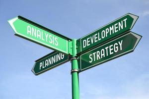 analyse, ontwikkeling, strategie, planning - wegwijzer met vier pijlen foto