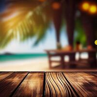 oud houten tafel top Aan wazig strand achtergrond met kokosnoot palm blad. concept vakantie, zomer, strand, zee - ai gegenereerd beeld foto