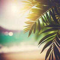 vervagen mooi natuur groen palm blad Aan tropisch strand met bokeh zon licht gloed Golf abstract achtergrond. zomer vakantie en bedrijf reizen concept ruimte - ai gegenereerd beeld foto