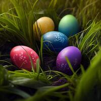 kleurrijk Pasen eieren aan het liegen in dicht groen gras - ai gegenereerd beeld foto