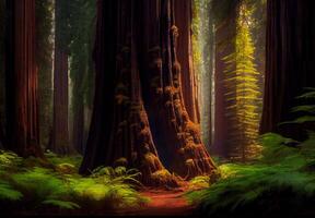 dicht Woud in Californië, veel sequoia's - ai gegenereerd beeld foto