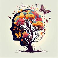 menselijk hersenen boom met bloemen en vlinders, concept van zelf zorg, verstand, ideeën, creativiteit - ai gegenereerd beeld foto