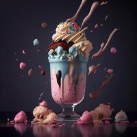 elegant mooi fruitig milkshake, chocola laten vallen spatten - ai gegenereerd beeld foto