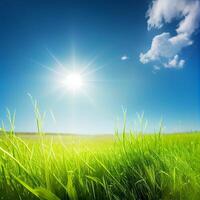 helder zon schijnt Aan groen ochtend- met gras begroeid weide, helder blauw lucht - ai gegenereerd beeld foto