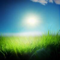 helder zon schijnt Aan groen ochtend- met gras begroeid weide, helder blauw lucht - ai gegenereerd beeld foto