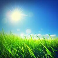 helder zon schijnt Aan groen ochtend- met gras begroeid weide, helder blauw lucht - ai gegenereerd beeld foto