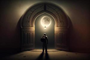 een Mens staat in voorkant van een maan in een donker moskee deur foto